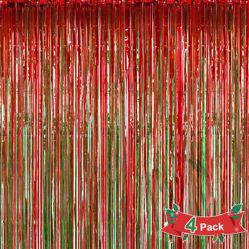 Konsait 4 Pack Foil Fringe Curtains Christmas Photo Backdrop, Red and Green Metallic Shimmer Curtain Photo Props Background for Birthday Celebrations Christmas Party Decorations - Image 1